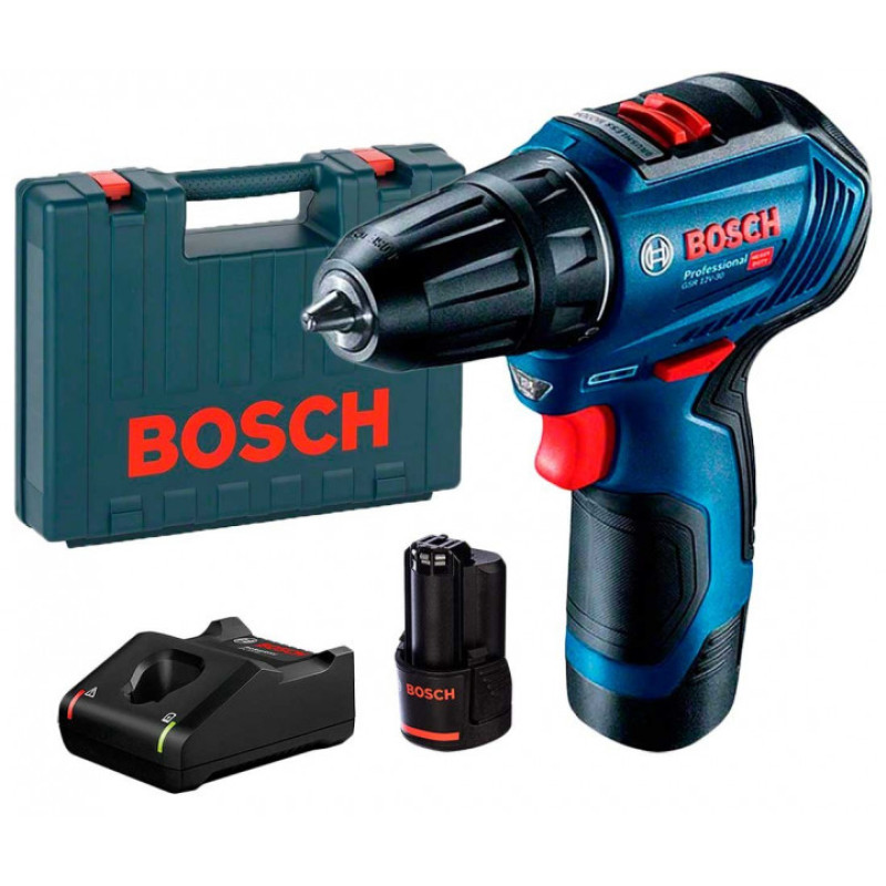 BOSCH Шурупокрут-дриль акумуляторний GSR 12V-30, 12В 2x2.0 Аг, 30Нм, 20+1, 420/1600об/хв, безщітковий, 0.78кг (06019G9000)