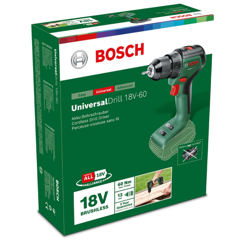BOSCH Шурупокрут-дриль акумуляторний UniversalDrill 18V-60 18В 60Нм 0-500·0-1900об·хв без АКБ та ЗП 1.3кг (06039D7000)