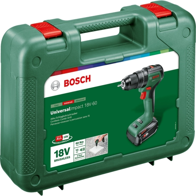 BOSCH Шурупокрут-дриль акумуляторний UniversalImpact 18V-60 18В 1х2А·год 60Нм 0-500·0-1900об·хв кейс ЗП 1.3кг (06039D7101)