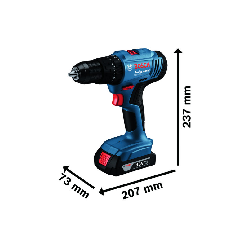 BOSCH Шурупокрут-дриль ударний акумуляторний GSB 183-LI 18В 2х2А·год 21-56Нм 374-1815об·хв кейс 1.2кг (06019K9100)