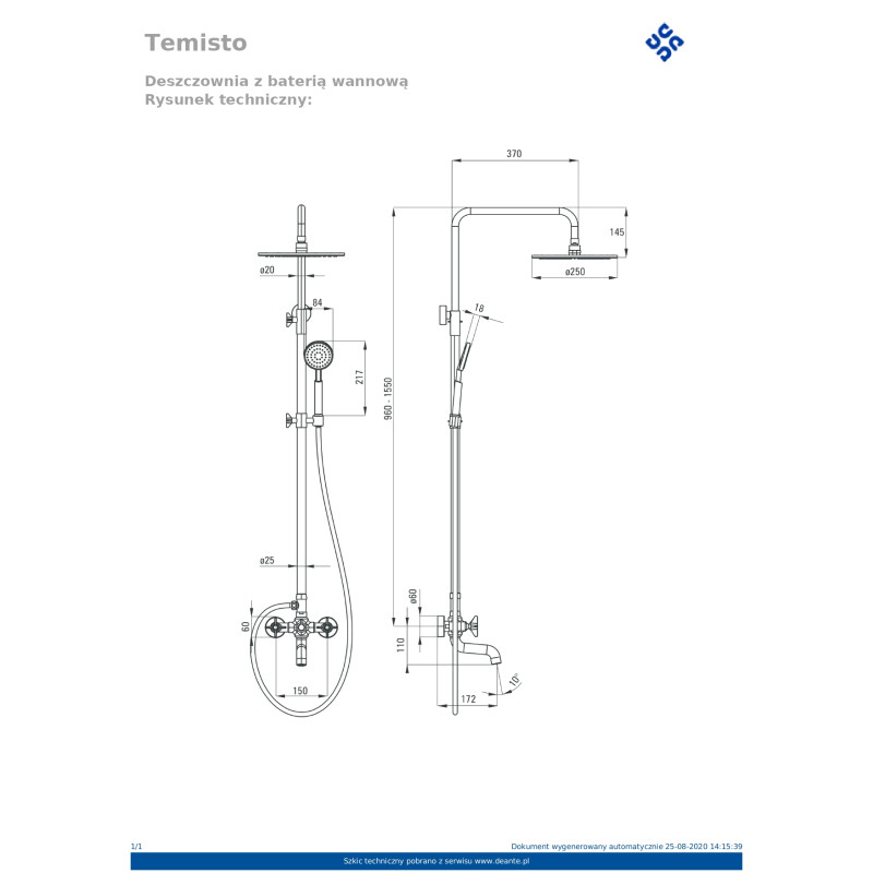 Deante TEMISTO Верхній душ, з змішувачем для ванни (NAC_M1QT)