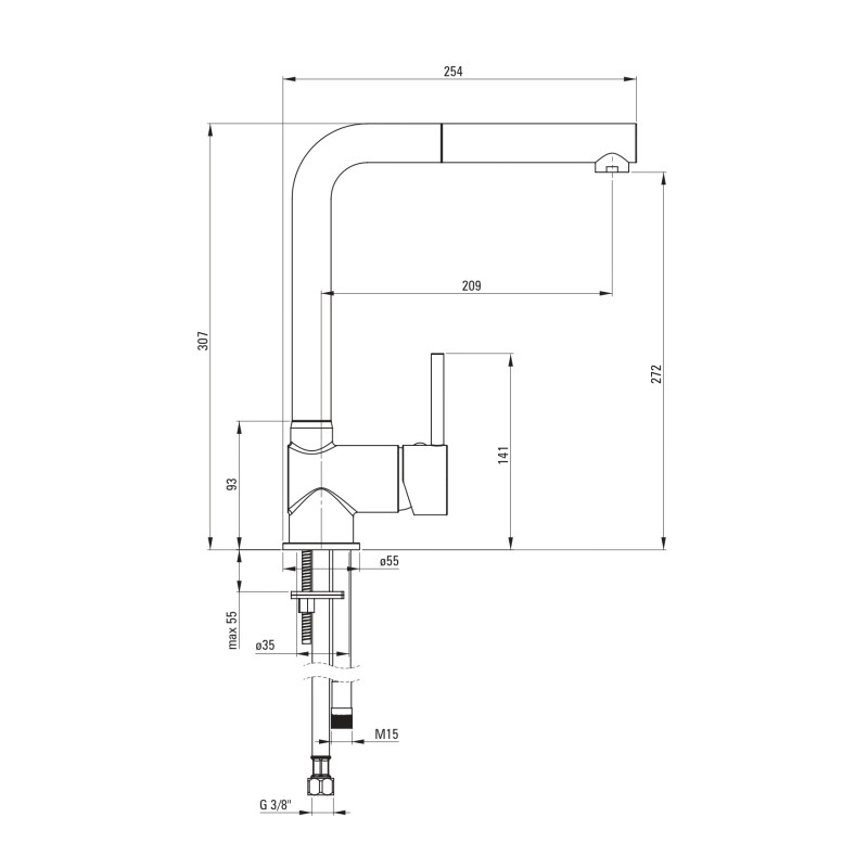 Deante Змішувач для кухні Aster, довж.виливу - 209мм, витяжний, 1важіль, чорний (BCA_N73M)