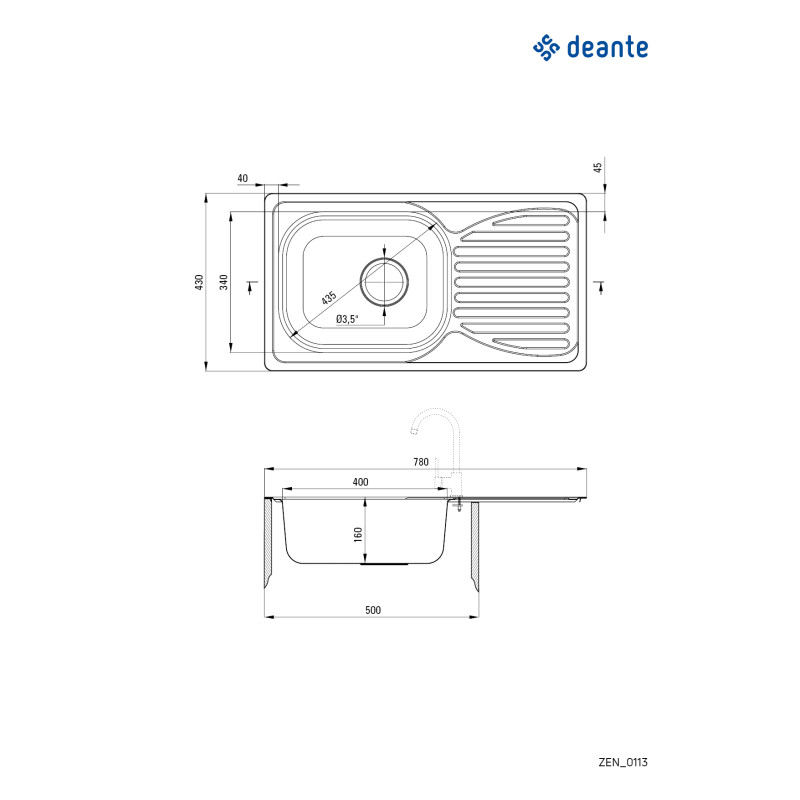 Deante Мийка кухонна Doppio, нерж.сталь, прямокут., з крилом, 780х430х160мм, чаша - 1, накладна, нерж (ZEN_0113)