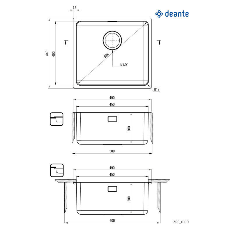 Deante Мийка кухонна Egeria, нерж.сталь, прямокут., без крила, 490x440x230мм, чаша - 1, врізна/під стільницю, матова сталь (ZPE_010D)