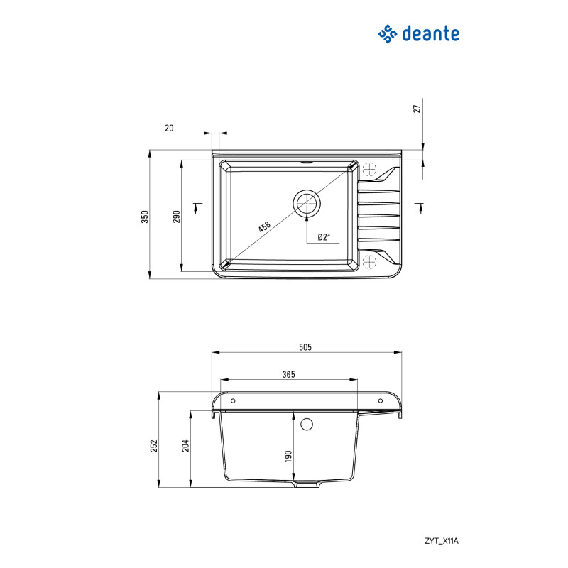 Deante Мойка кухонная Garden, полистирол, прямоуг., без крыла, 505х350х252мм, чаша - 1, к стене, серый (ZYT_311A)