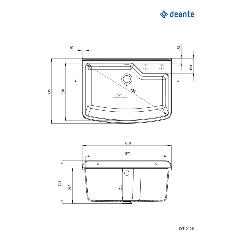 Deante Мийка кухонна Garden, полістирол, прямокут., без крила, 610х445х302мм, чаша - 1, до стіни, сірий (ZYT_310B)