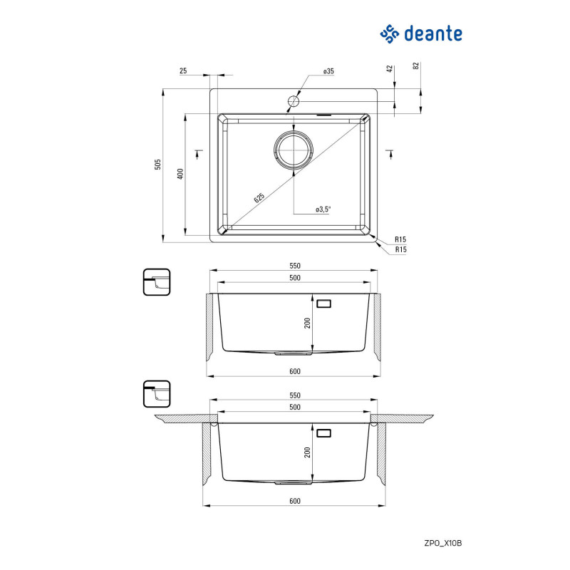 Deante Мийка кухонна Olfato, нерж.сталь, квадрат, без крила, 550х505х200мм, чаша - 1, універсальна, нерж (ZPO_010B)
