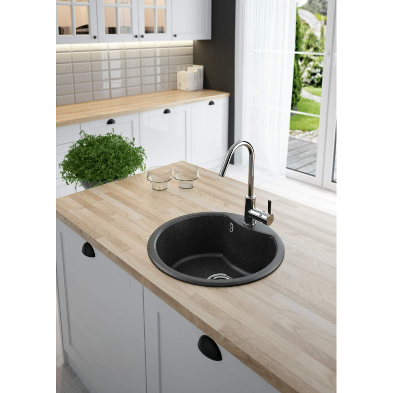 Deante Мийка кухонна Solis, граніт, круг, без крила, 480х480х194мм, чаша - 1, накладна, графіт (ZRS_2803)