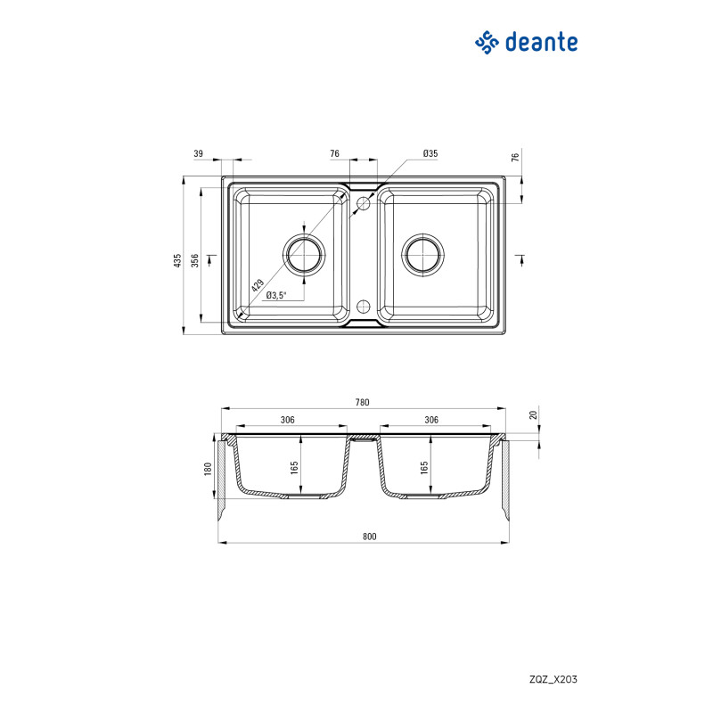 Deante Мийка кухонна Zorba, граніт, прямокут., без крила, 780х435х180мм, чаша - 2, накладна, чорний матовий (ZQZ_N203)
