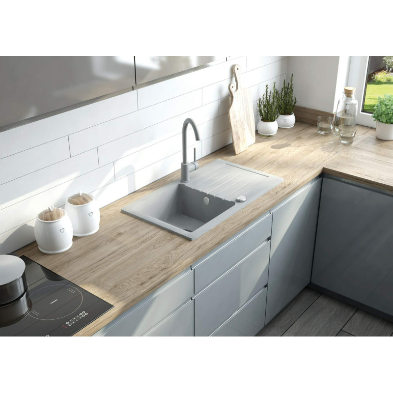 Deante Мийка кухонна Zorba, граніт, прямокутник, з крилом, 760х440х160мм, чаша - 1, накладна, металічний сірий (ZQZ_S113)