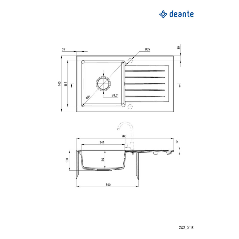 Deante Мийка кухонна Zorba, граніт, прямокутник, з крилом, 760х440х160мм, чаша - 1, накладна, металічний сірий (ZQZ_S113)