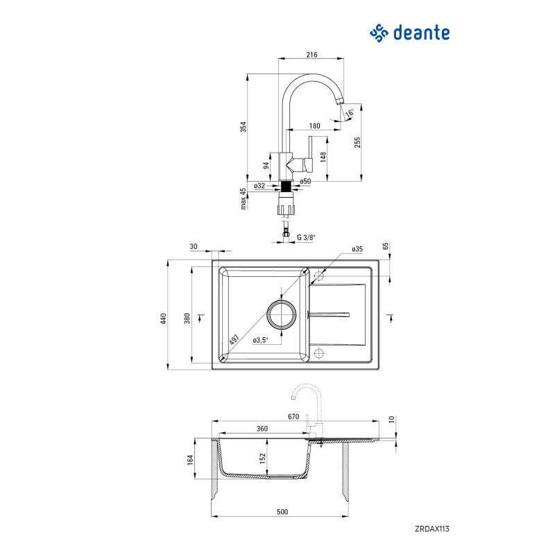 Deante Набір для кухні Leda, гранітна мийка ZRD_2113 + зміш. BEN_262M, графіт-хром (ZRDA2113)