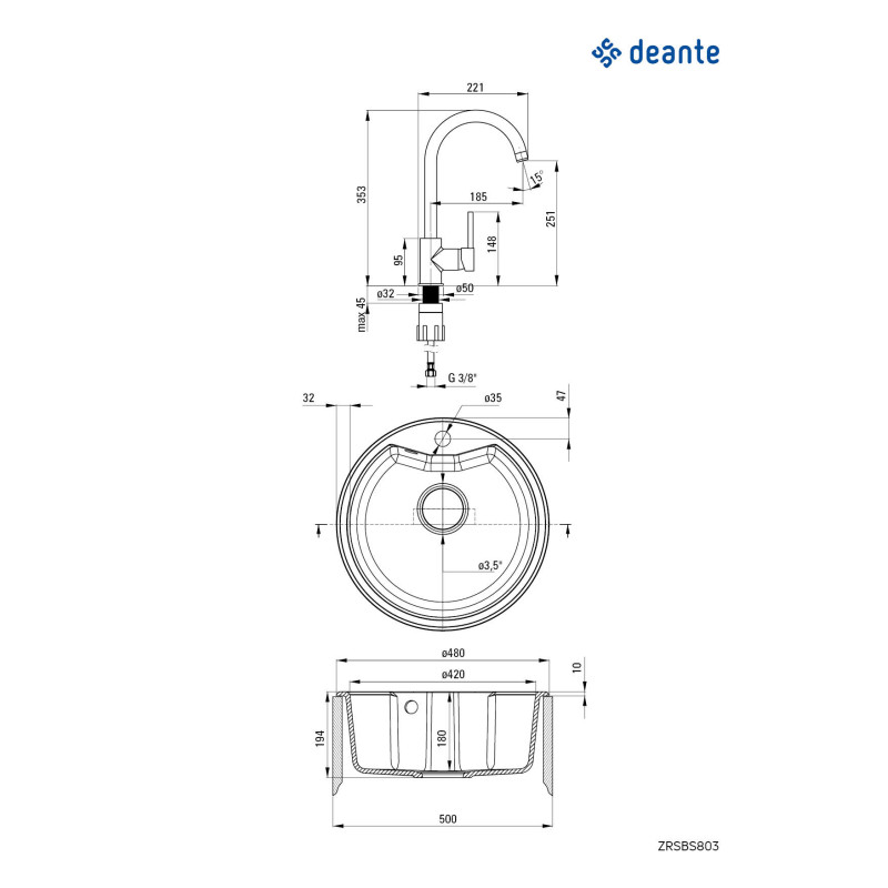 Deante Набір для кухні Solis, гранітна мийка ZRS_S803 + зміш. BEU_S62M, сірий (ZRSBS803)