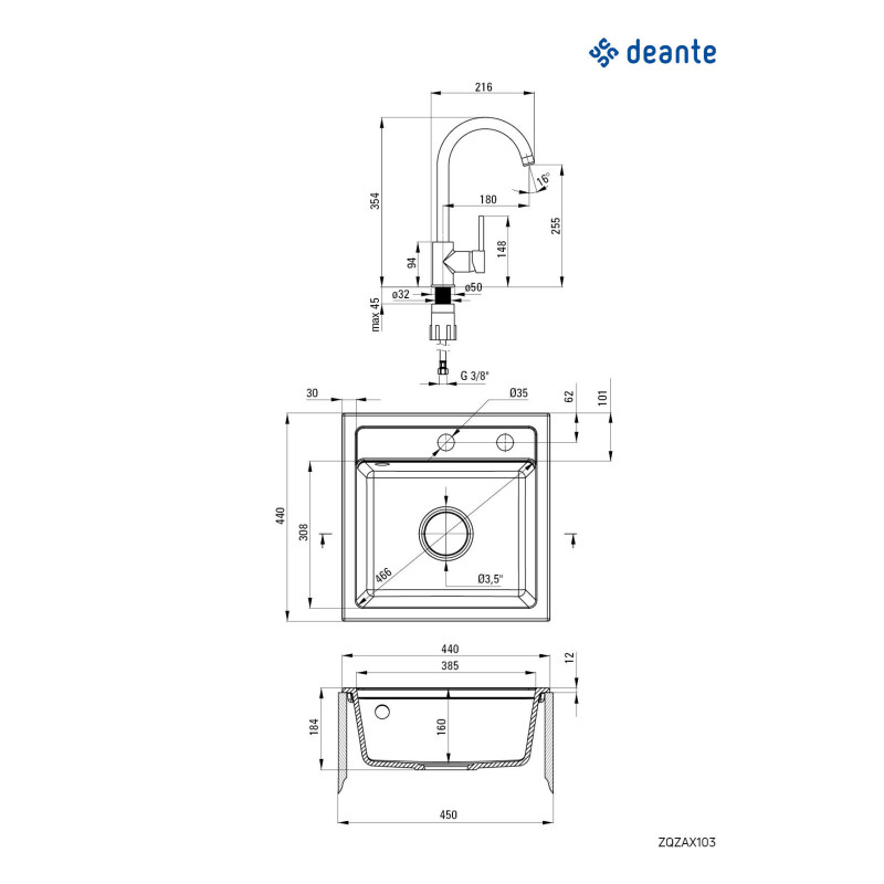 Deante Набір для кухні Zorba, гранітна мийка ZQZ_2103 + зміш. BEN_262M, графіт-хром (ZQZA2103)