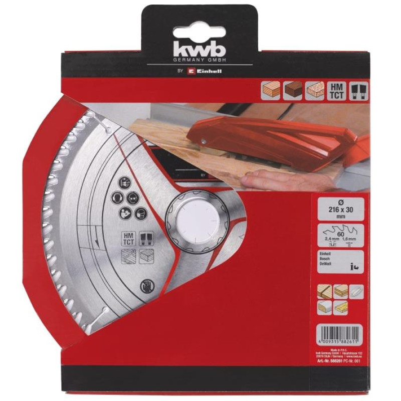 Einhell Пиляльний диск по дереву KWB TCT 216х30х2.4 мм, 60 зубів (588261)