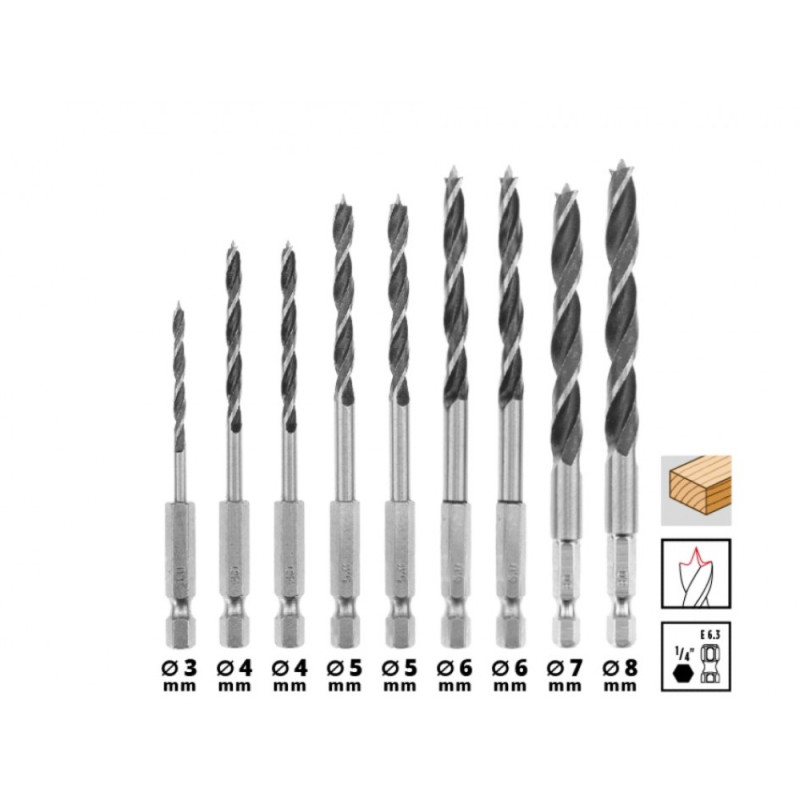 Einhell Набір свердел по дереву, 10шт, 3-8мм, кейс (108733)