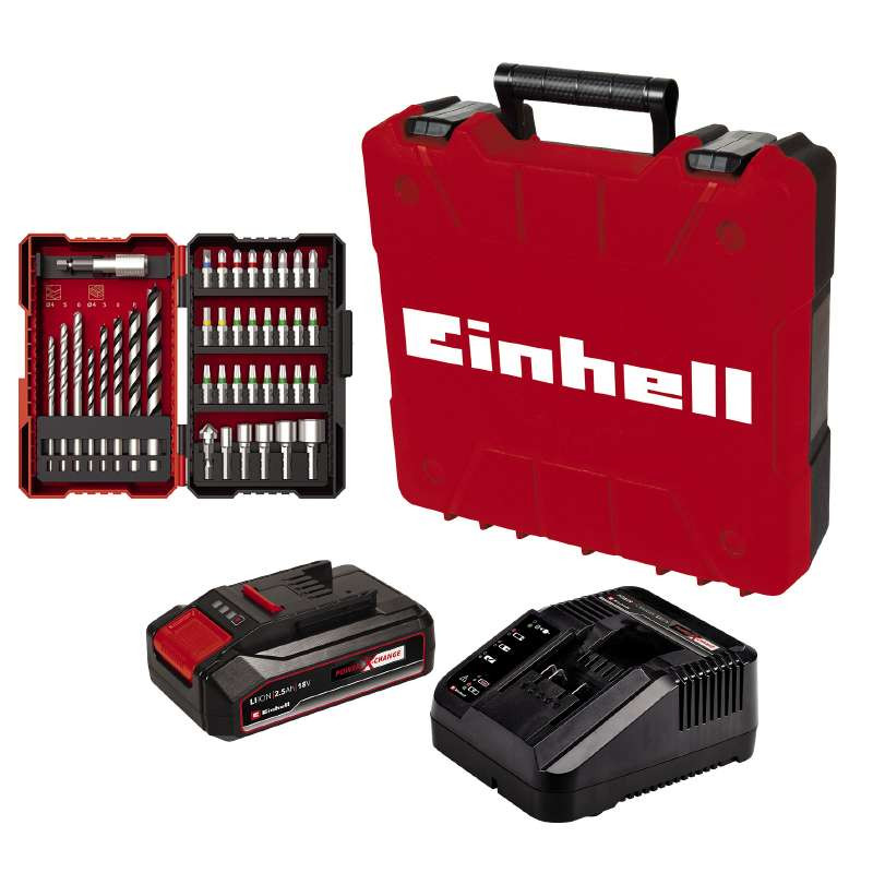 Einhell Акумуляторний дриль-шуруповерт TE-CD 18/2 Li, 1 акб 2,5 Ah, з/п, набір 39 свердл та біт (4514219)