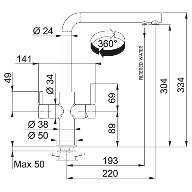 Franke Змішувач для кухні Neptune Clear Water, довж.виливу - 220мм, поворотний, 1+1фільтр, хром (1150370689)