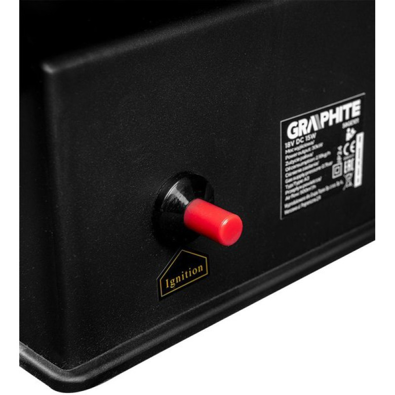 Graphite Теплова гармата газова, акумуляторна 18В, 30кВт, 200м кв, 500м куб/год, IP24, чорний (58GE101)