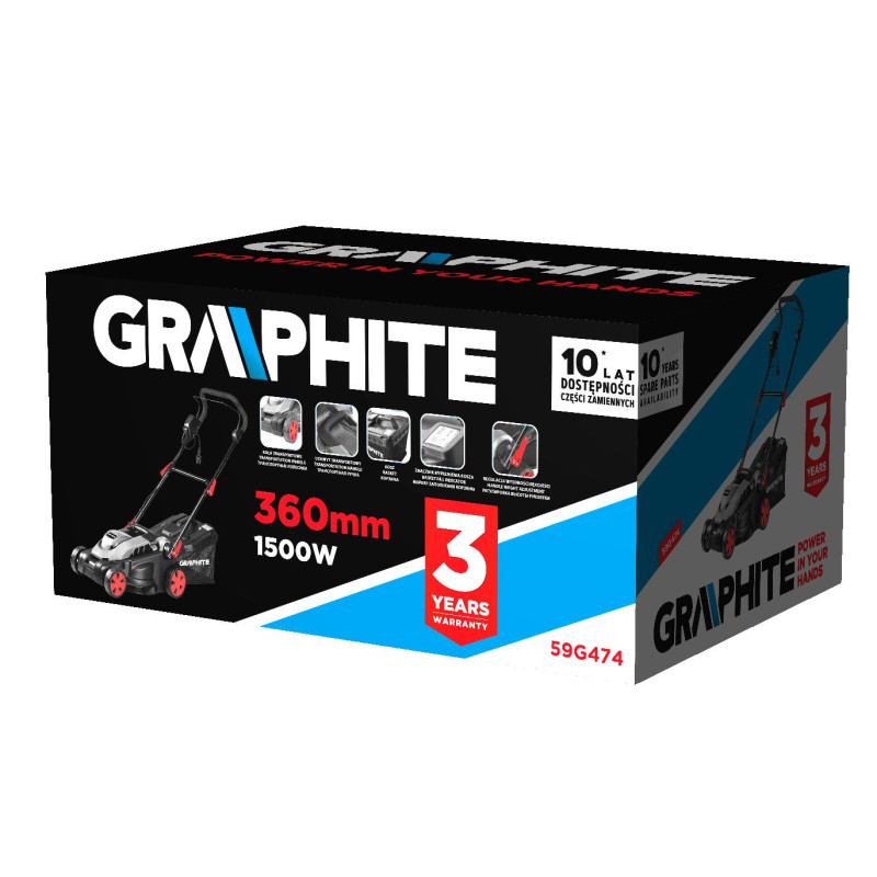 Graphite Газонокосарка, 1500Вт, 36см, 35л, 20-50мм, 10.1кг (59G474)