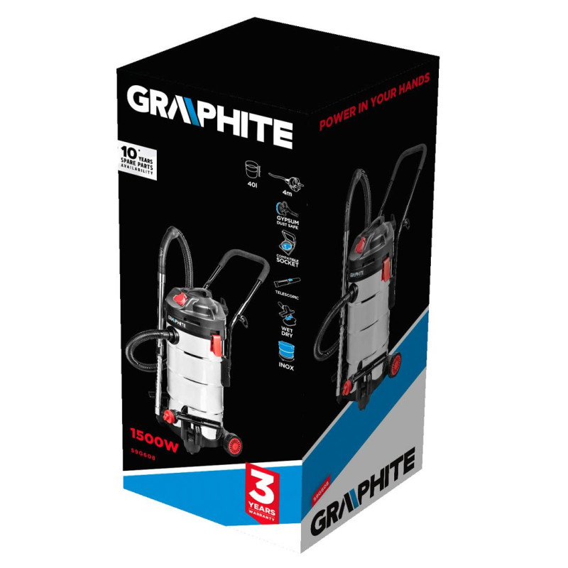 Graphite Пилосос професійний, 1500Вт, 18кПа, контейнер 40л, розетка 220В/2000В, функція повітродувки, колеса, IPX4 (59G608)