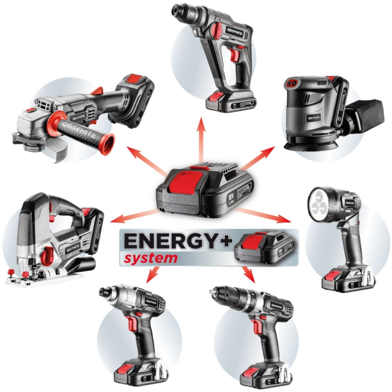 Graphite Шурупокрут-дриль акумуляторний Energy+, 18В 2х2.0А•год, 44Нм, 0-1250об•хв, набір 109шт приладдя, кейс, 7.35кг (58G022-PS15)