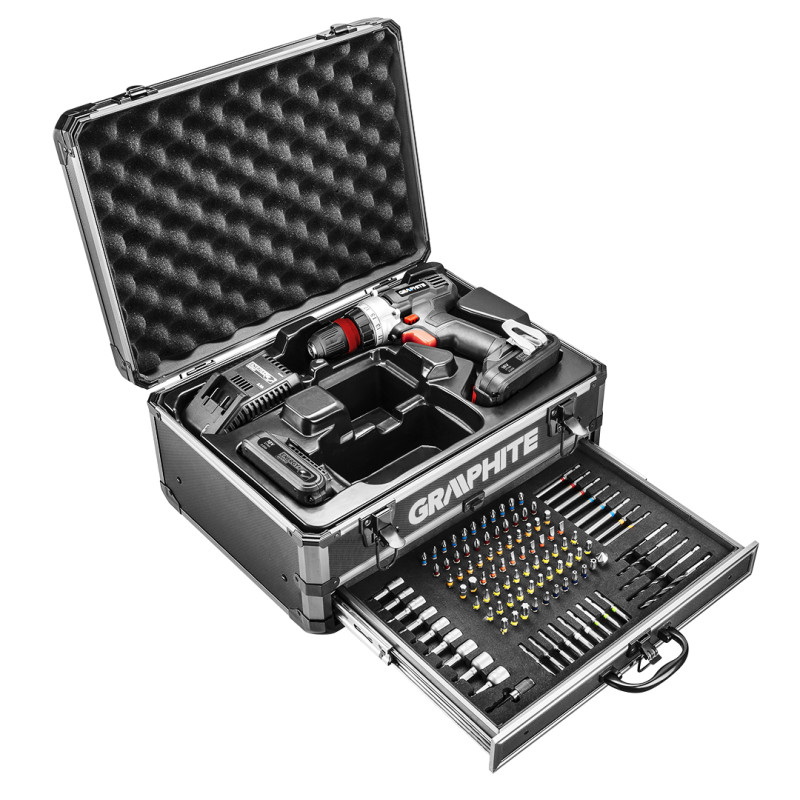 Graphite Шурупокрут-дриль акумуляторний Energy+, 18В 2х2.0А•год, 44Нм, 0-1250об•хв, набір 109шт приладдя, кейс, 7.35кг (58G022-PS15)