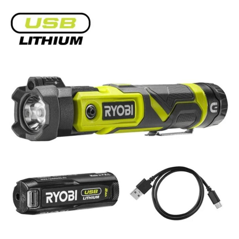 Ryobi Ліхтар ручний акумуляторний USB Lithium RLP4-120G, 4В, 2А·год, 640лм, 3 функції освітлення, поворотна головка, магніт, 0.18кг (5133006131)