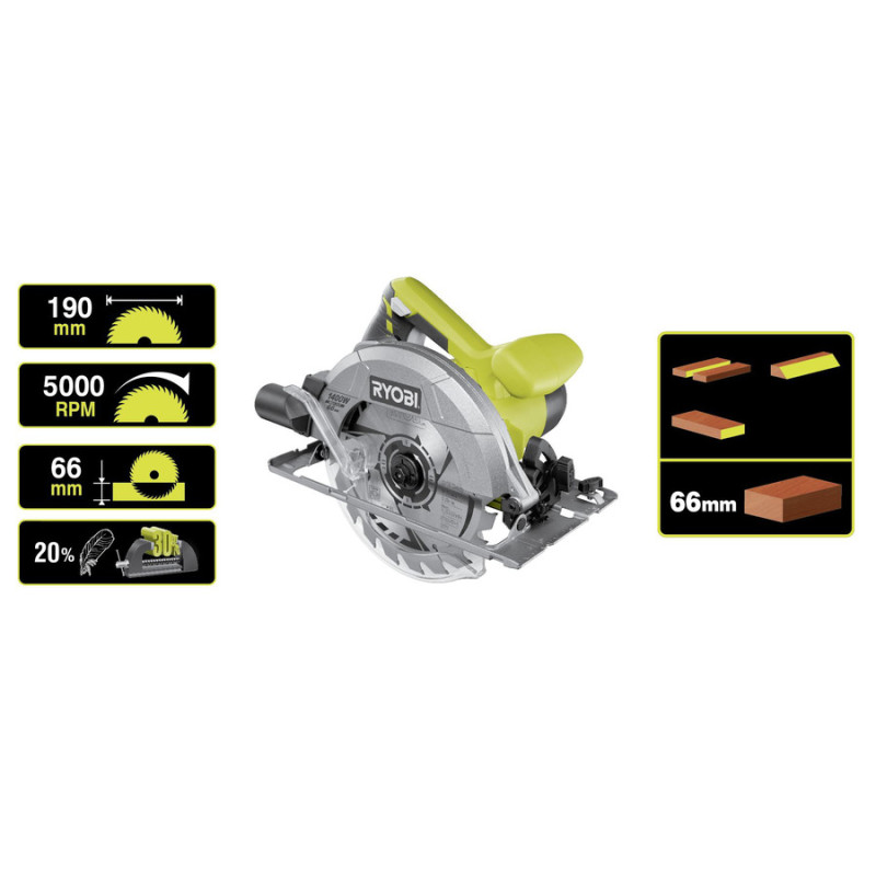 Ryobi Пила дискова RCS1400-G 1400Вт 190мм, 66мм, 5000 об/хв (5133002778)