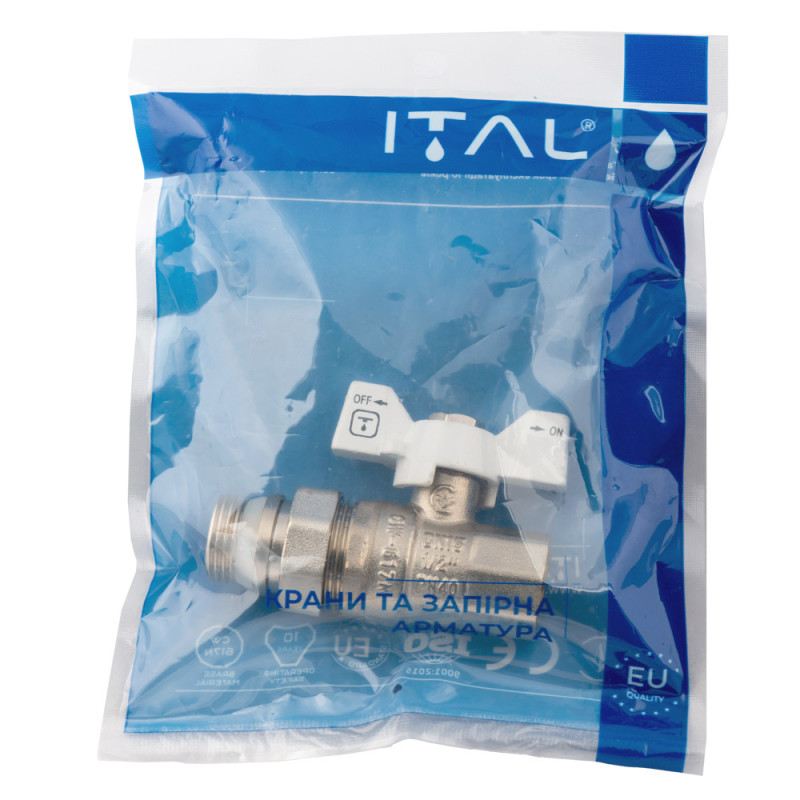 ITAL Кран кульовий 3/4" з американкою, "антипротікання", ручка - білий метелик, прямий