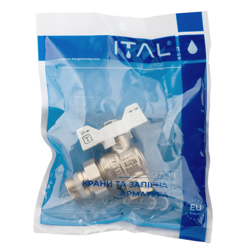 ITAL Кран кульовий 3/4" з американкою, "антипротікання", ручка - білий метелик, кутовий
