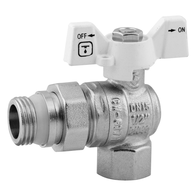 ITAL Кран кульовий 3/4" з американкою, "антипротікання", ручка - білий метелик, кутовий