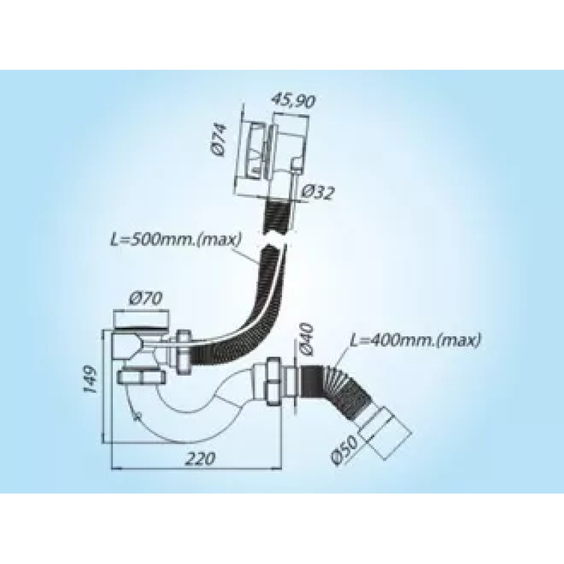 SOLOPLAST Сифон для ванни В0210, сітка - нержавіюча сталь, пробка з дистанційним керуванням