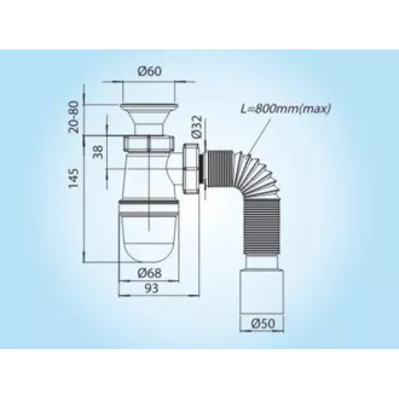 SOLOPLAST Сифон для умивальника Т-0116, сітка - нержавіюча сталь, гофра