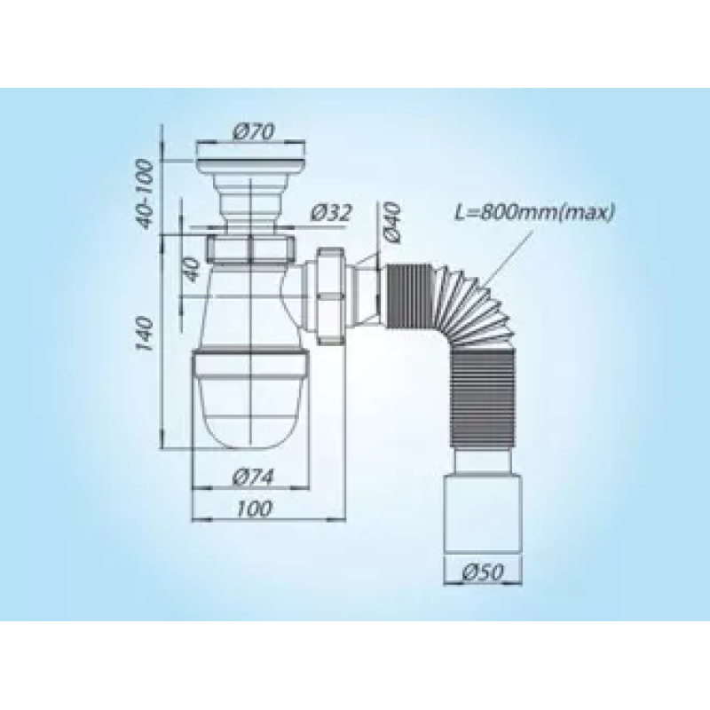 SOLOPLAST Сифон для умивальника У-0111, сітка - нержавіюча сталь, гофра