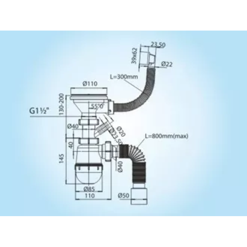 SOLOPLAST Сифон для кухонної мийки К-1150, відвід під пральну машину, корок-сітка