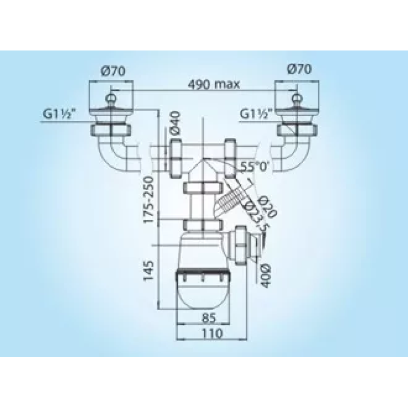 SOLOPLAST Сифон для кухонної мийки К-1410 на 2 чаші, відвід під пральну машину