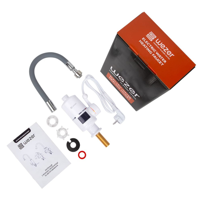 WEZER Проточний водонагрівач SDR-G05T для кухні, гнучкий вилив, датчик темп., 3,0 кВт, білий