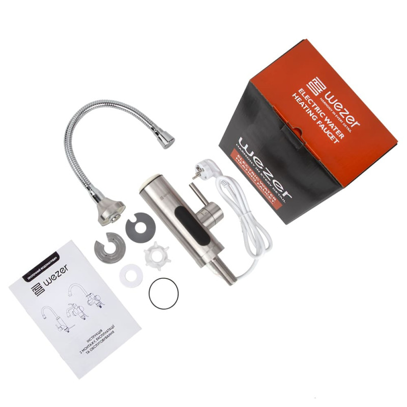 WEZER Проточний водонагрівач SDS-F06T для кухні, рефлект.вилив, нержавіюча сталь, датчик темп., 3 кВт, хром