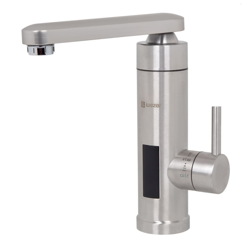WEZER Проточний водонагрівач SDS-H12T для умивальника, поворотний вилив, нержавіюча сталь, датчик темп., 3,3 кВт, сатин