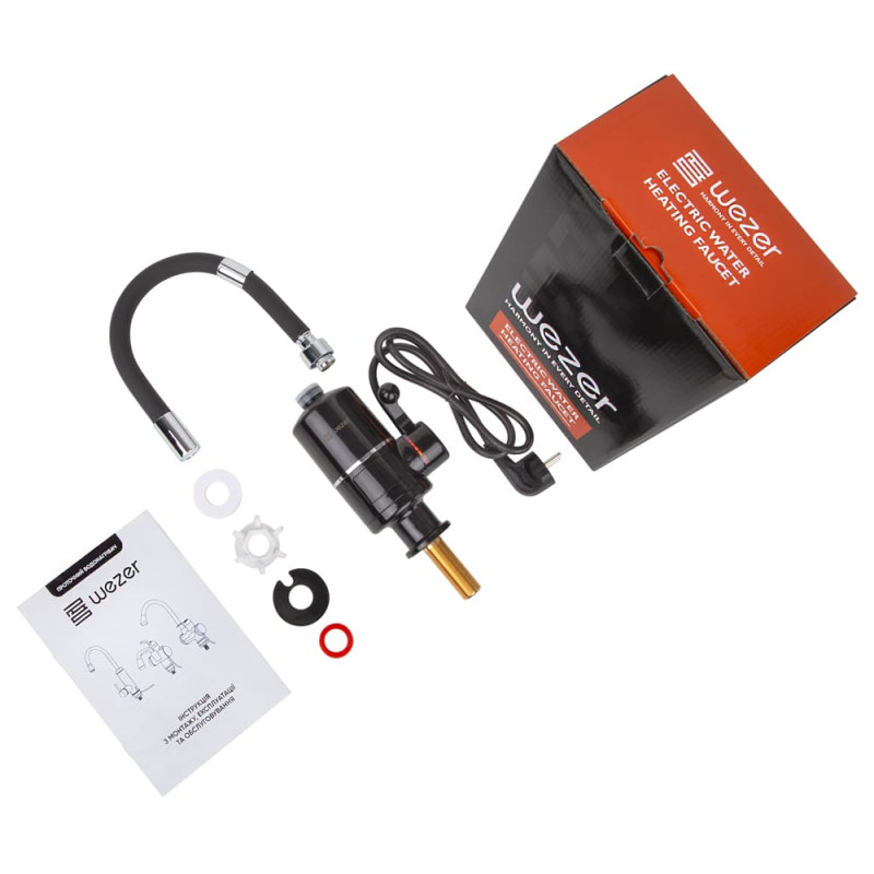 WEZER Проточний водонагрівач SDR-G05T-Black для кухні, гнучкий вилив, датчик темп., 3,0 кВт, чорний