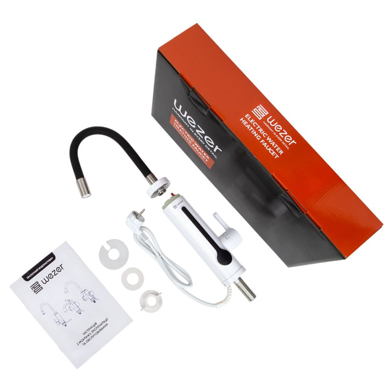 WEZER Проточний водонагрівач SDR-G8TR для кухні, гнучкий вилив, термозапобіжн., датчик темп., 3,3 кВт, білий