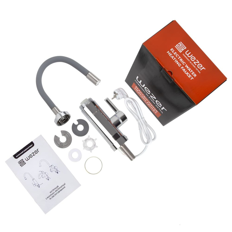 WEZER Проточний водонагрівач SDR-G10T для кухні, гнучкий вилив, датчик темп., 3,0 кВт, хром