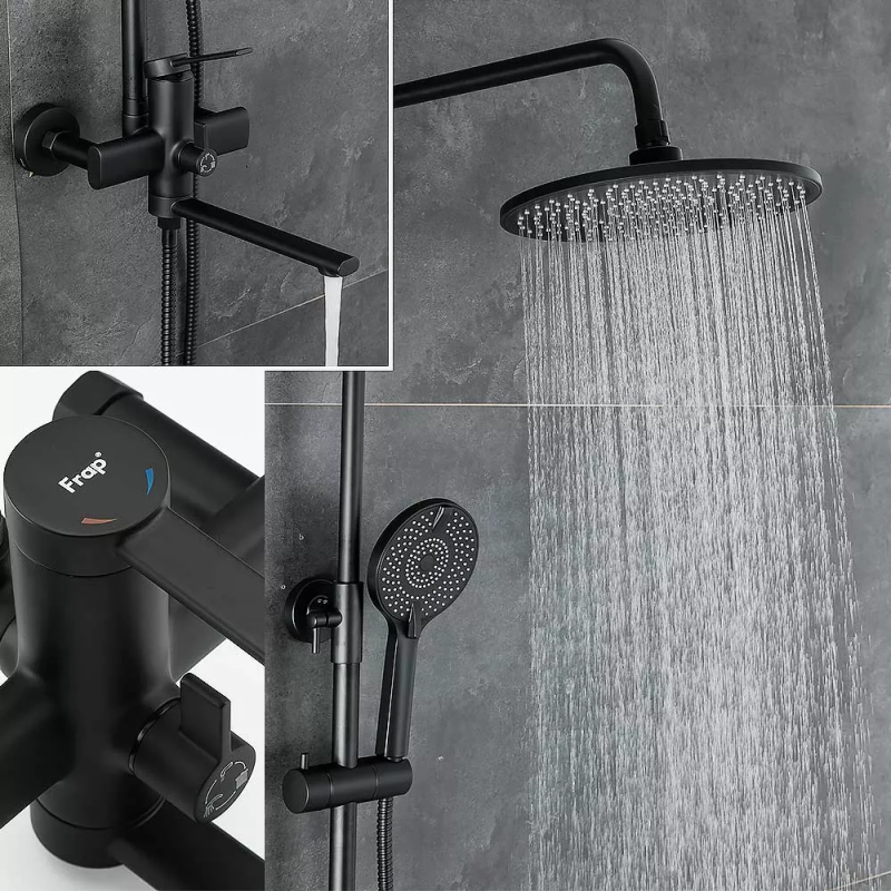 Frap Душова система F2467-6 поворотний вилив - перемикач на лійку, 3 режими, чорний