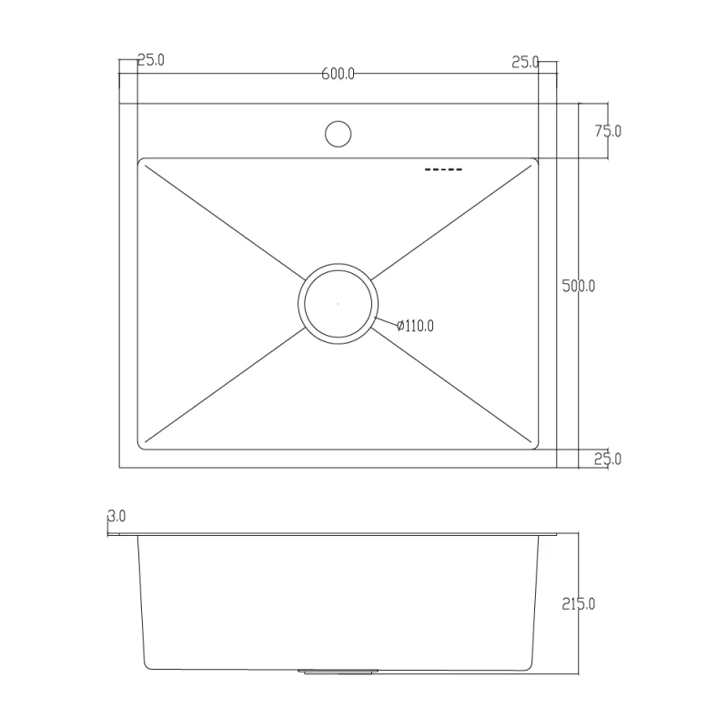 ITAL Кухонна мийка HD6050, 600x500мм, нержавіюча сталь, сатин