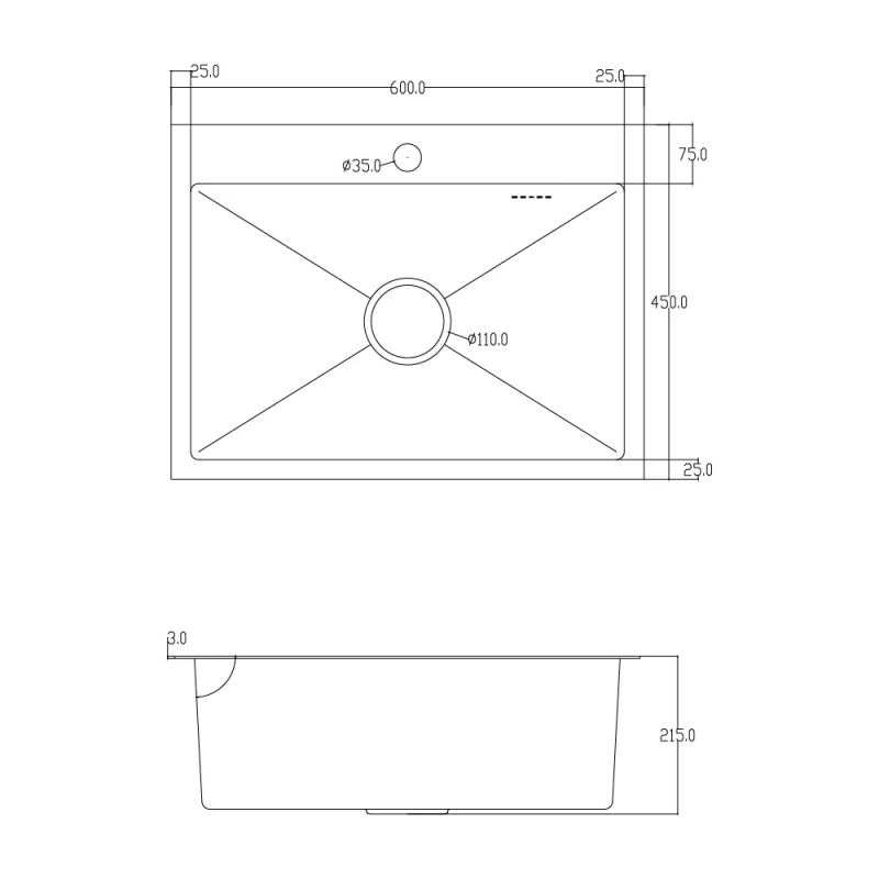 ITAL Кухонна мийка HD6045, 600x450мм, нержавіюча сталь, сатин