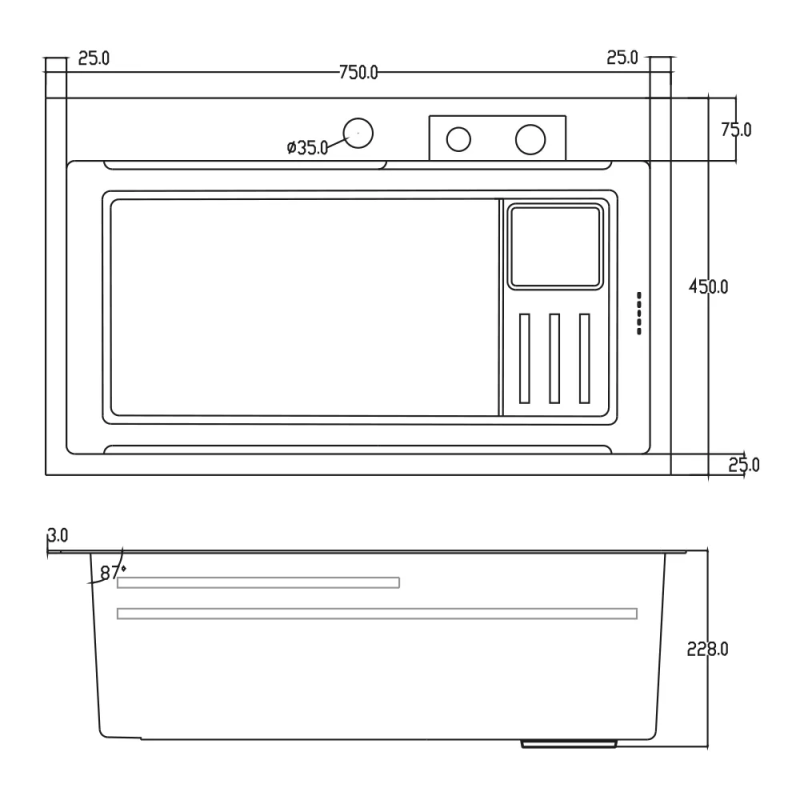 ITAL Кухонна мийка HD7545B, 750x450мм, нержавіюча сталь, чорний