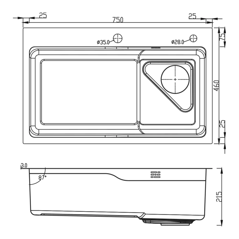 ITAL Кухонна мийка HD7546B, 750x460мм, нержавіюча сталь, чорний