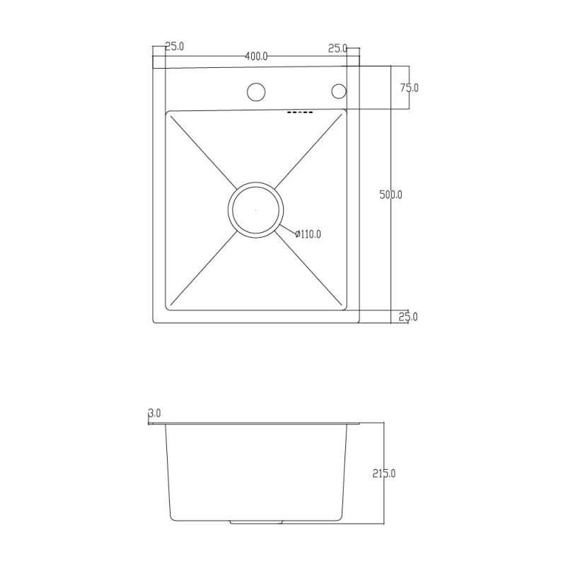 ITAL Кухонна мийка HD4050, 400x500мм, нержавіюча сталь, сатин
