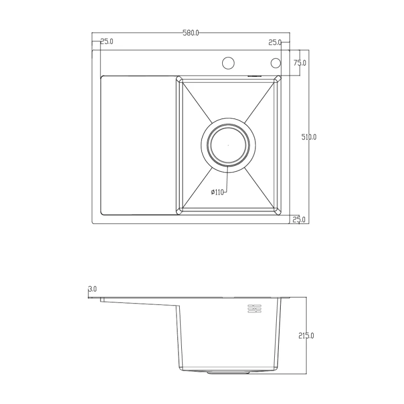 ITAL Кухонна мийка HD5851R, 580x510мм, нержавіюча сталь, права, чорний
